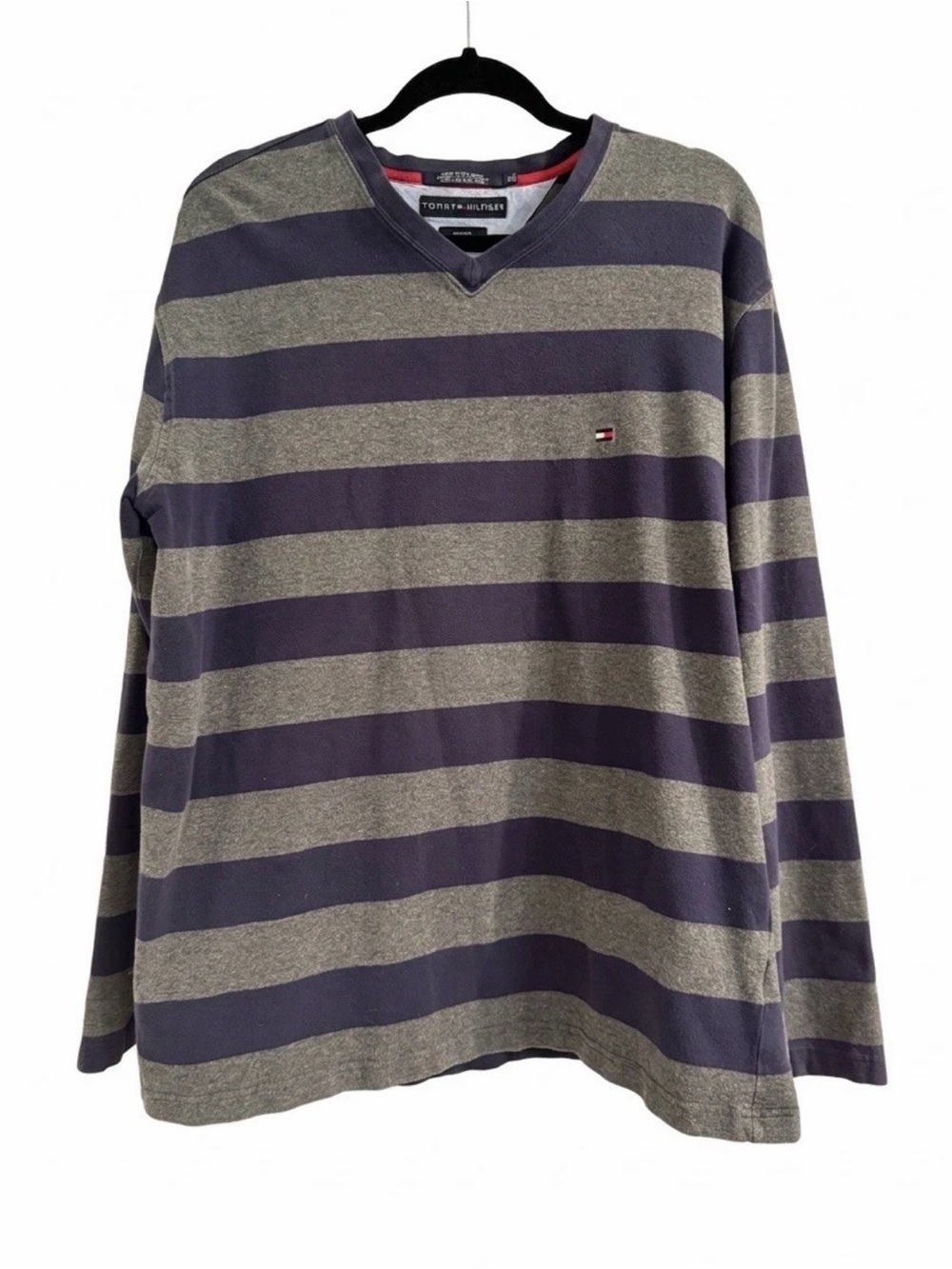 Tommy Hilfiger Men's XL Shirt Long Sleeve V-Neck Striped Blue Gray Stretch